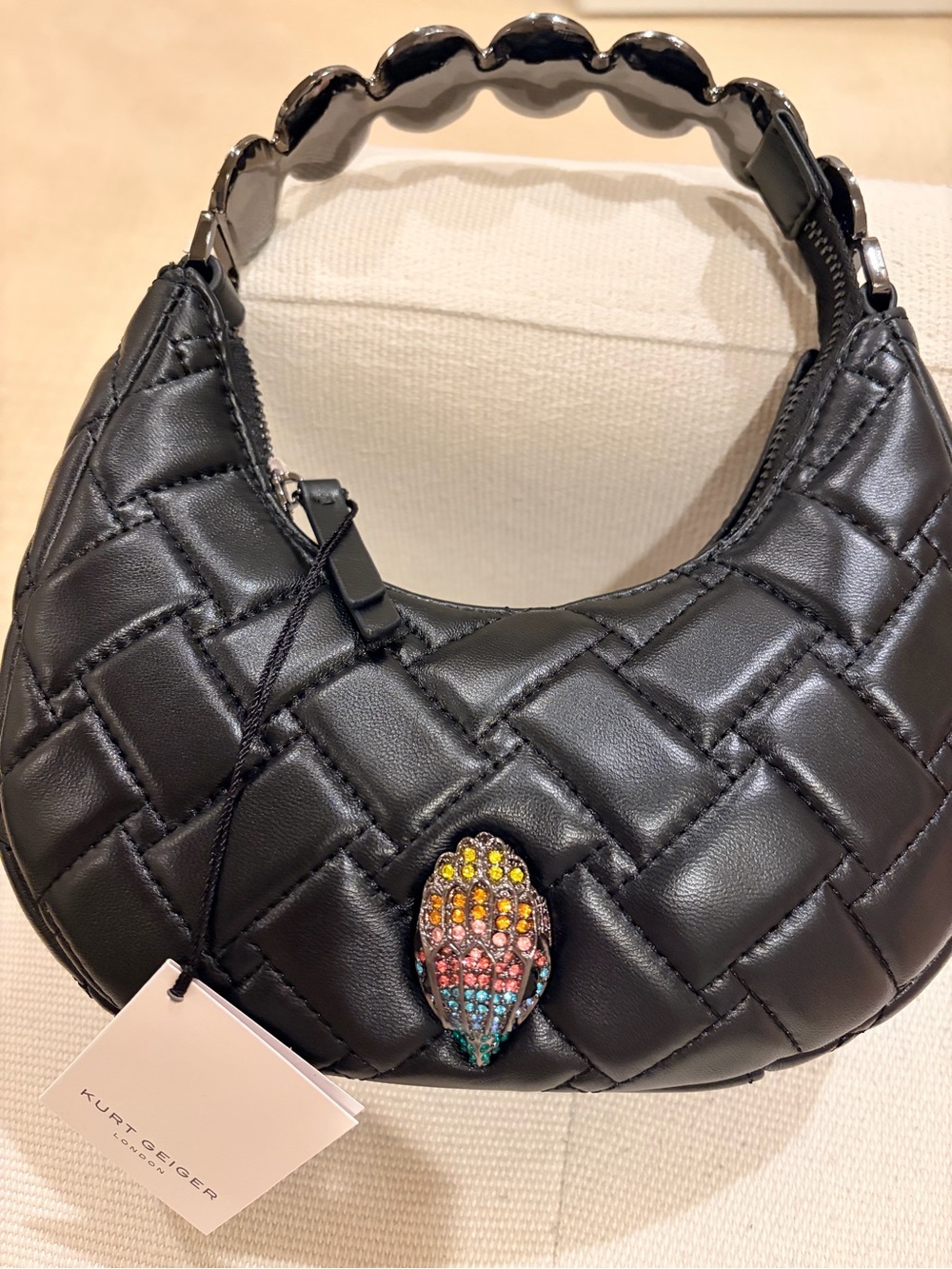 Kurt Geiger Black Quilted Shoulder Bag with Multicolor Jewel Accent